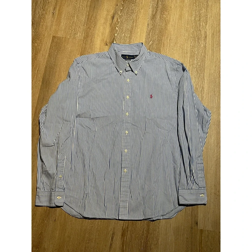 Ralph Lauren Mens XXL Slim Fit Blue White Striped Button Down‎ Shirt EUC